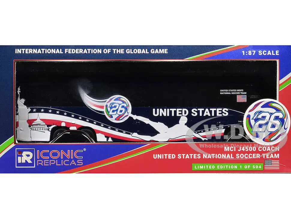 MCI J4500 Coach Bus "United States National Soccer Team" Dark Blue with Graphics "International Federation of the Global Game" Series Limited Edition to 504 pieces Worldwide 1/87 (HO) Diecast Model by Iconic Replicas