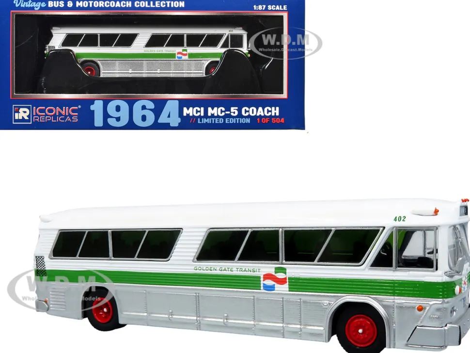 1964 MCI MC-5A Coach Bus "Golden Gate Transit" White with Green Stripes "Vintage Bus & Motorcoach Collection" Limited Edition to 504 pieces Worldwide 1/87 (HO) Diecast Model by Iconic Replicas