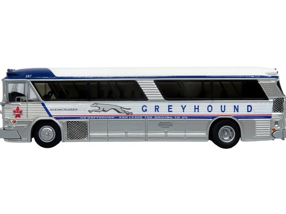 1964 MCI MC-5A Coach Bus "Greyhound Canada" White with Blue Stripes "Vintage Bus & Motorcoach Collection" Limited Edition to 504 pieces Worldwide 1/87 (HO) Diecast Model by Iconic Replicas