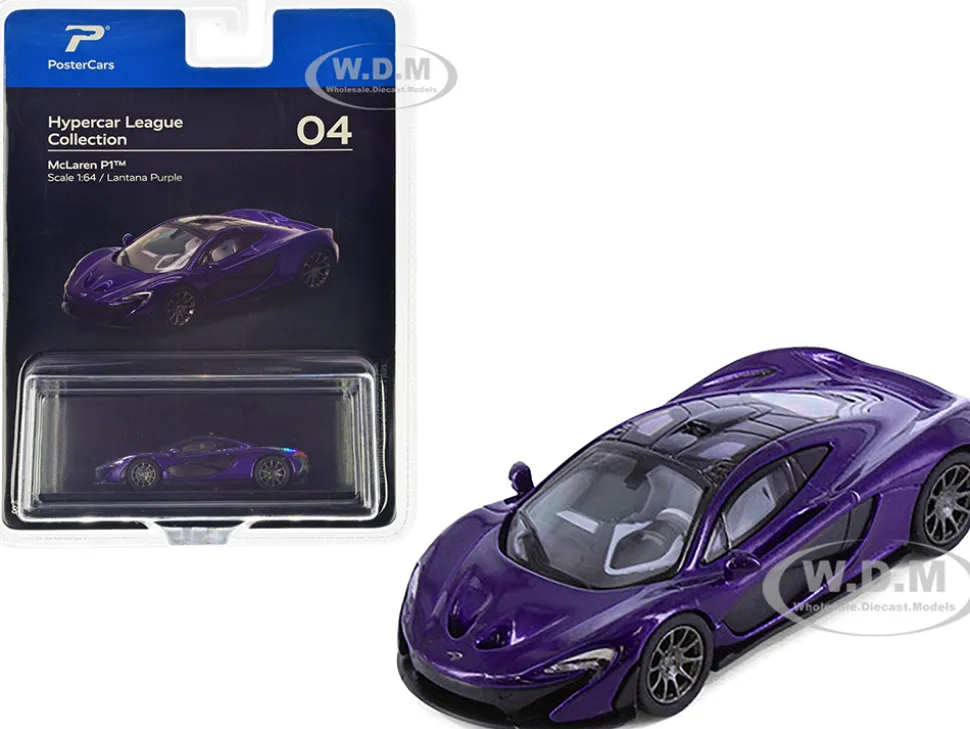 McLaren P1 Lantana Purple Metallic with Black Top Hypercar League Collection 1/64 Diecast Model Car PosterCars H04B
