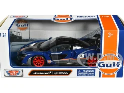 McLaren Senna #56 Dark Blue and Silver with Orange Stripes Gulf Oil Gulf Die Cast Collection 1/24 Diecast Model Car Motormax 79668GULF
