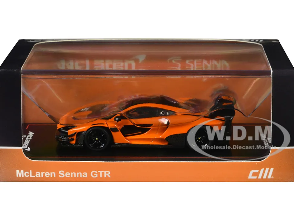 McLaren Senna GTR Orange Metallic with Carbon Hood and Black Top 1/64 Diecast Model Car by CM Model