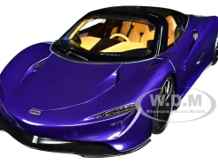 McLaren Speedtail Lantana Purple Metallic with Black Top and Yellow Interior and Suitcase Accessories 1/18 Model Car Autoart 76089