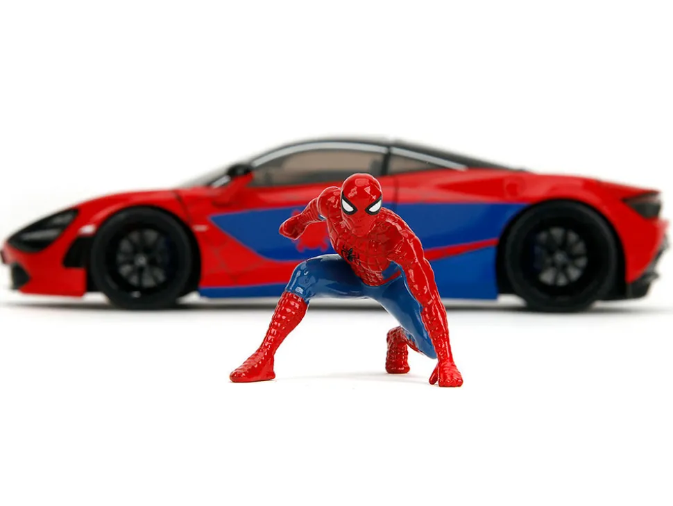 McLaren 720S Red and Blue with Black Top and Graphics and Spider-Man Diecast Figure "Marvel Spider-Man" "Hollywood Rides" Series 1/24 Diecast Model Car by Jada