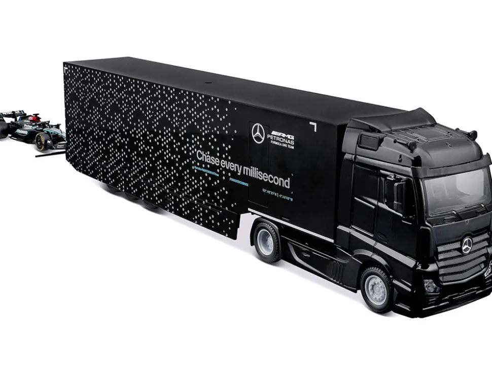 Mercedes-Benz Actros Gigaspace Car Transporter Black and Mercedes-AMG F1 W15 E Performance #63 George Russell "Petronas" Formula One F1 World Championship (2024) "Racing Hauler" Series 1/43 Diecast Model Car by Bburago