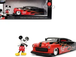 1951 Mercury Coupe Black with Flame Graphics and Red Interior and Mickey Mouse Diecast Figure