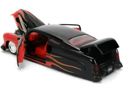 1951 Mercury Coupe Black with Flame Graphics and Red Interior and Mickey Mouse Diecast Figure