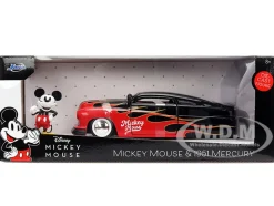 1951 Mercury Coupe Black with Flame Graphics and Red Interior and Mickey Mouse Diecast Figure