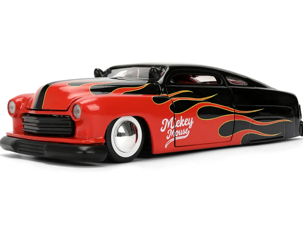 1951 Mercury Coupe Black with Flame Graphics and Red Interior and Mickey Mouse Diecast Figure "Disney's Mickey Mouse" "Hollywood Rides" Series 1/24 Diecast Model Car by Jada