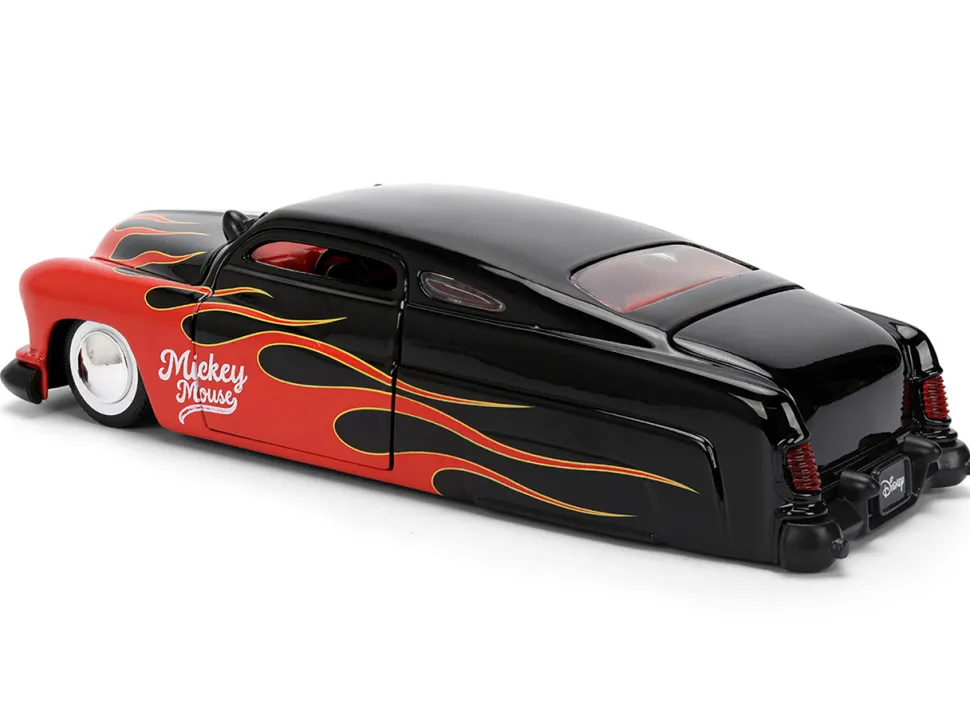 1951 Mercury Coupe Black with Flame Graphics and Red Interior and Mickey Mouse Diecast Figure "Disney's Mickey Mouse" "Hollywood Rides" Series 1/24 Diecast Model Car by Jada