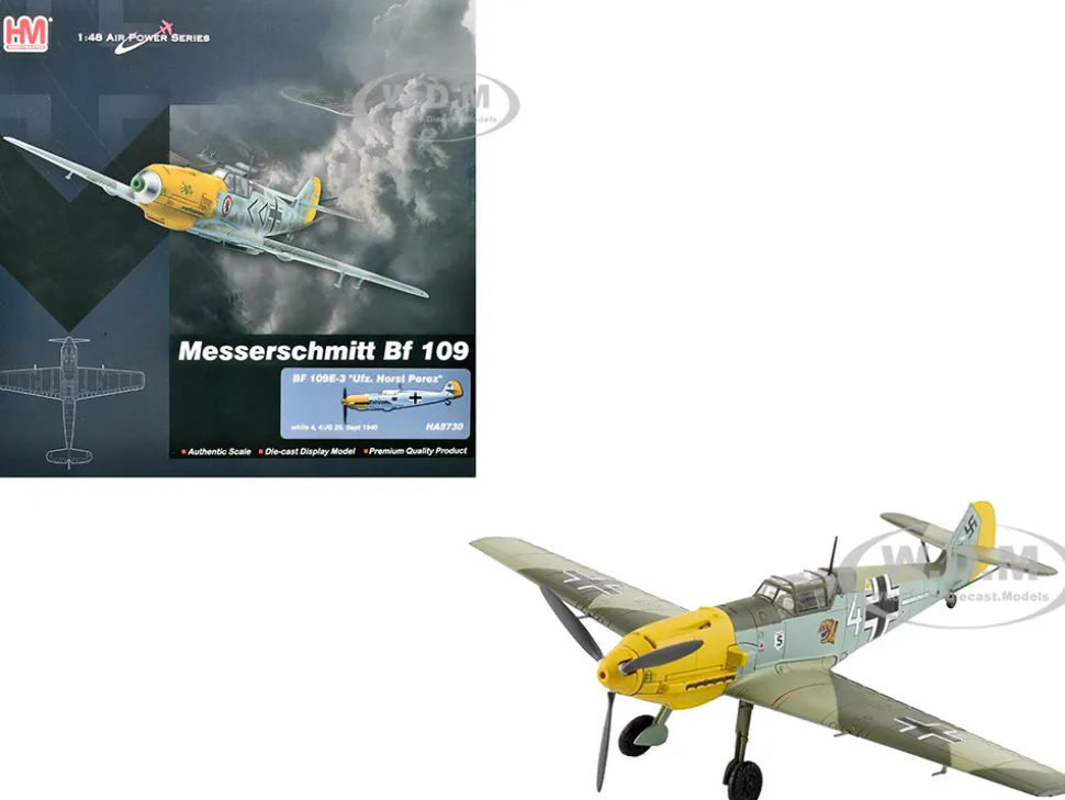 Messerschmitt Bf 109E-3 Fighter Aircraft "White 4, Unteroffizier Horst Perez, 4/JG 26" (1940) German Luftwaffe "Air Power Series" 1/48 Diecast Model by Hobby Master