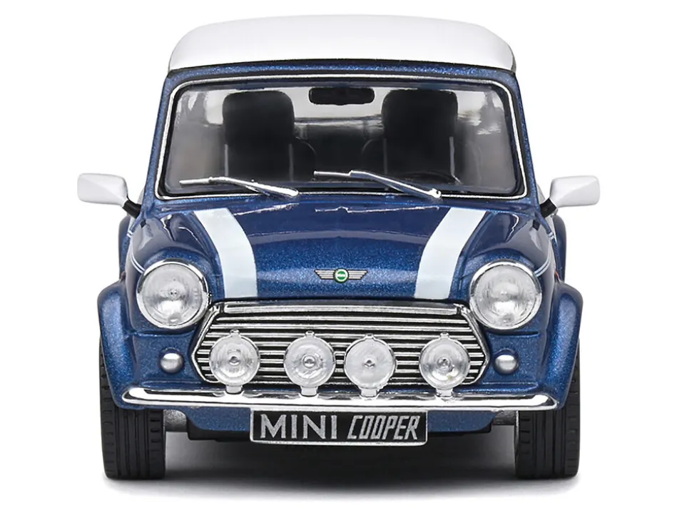 1994 Mini Cooper Sport Tahiti Blue Metallic with White Top and Stripes 1/43 Diecast Model Car by Solido
