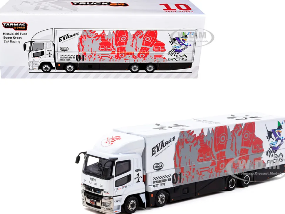 Mitsubishi Fuso Super Great Truck with Transporter "EVA Racing" White with Graphics "Truck64" Series 1/64 Diecast Model Car by Tarmac Works