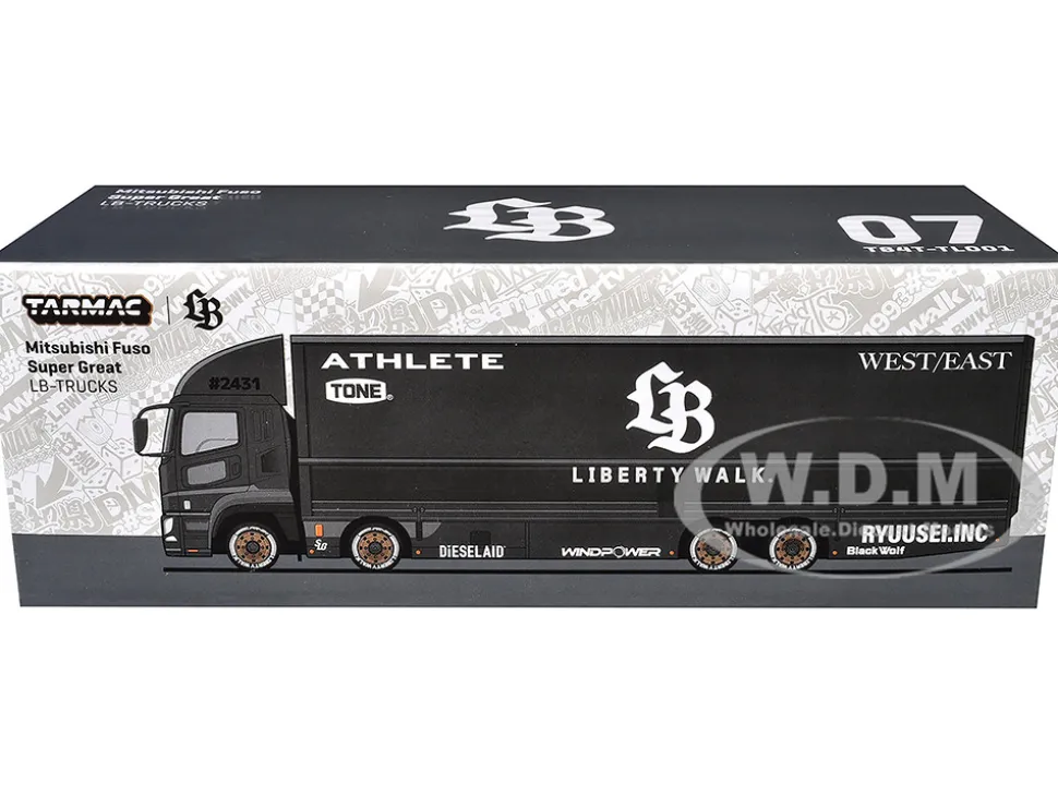 Mitsubishi Fuso Super Great Truck RHD (Right Hand Drive) with Transporter "Liberty Walk" Black "Truck64" Series 1/64 Diecast Model Car by Tarmac Works