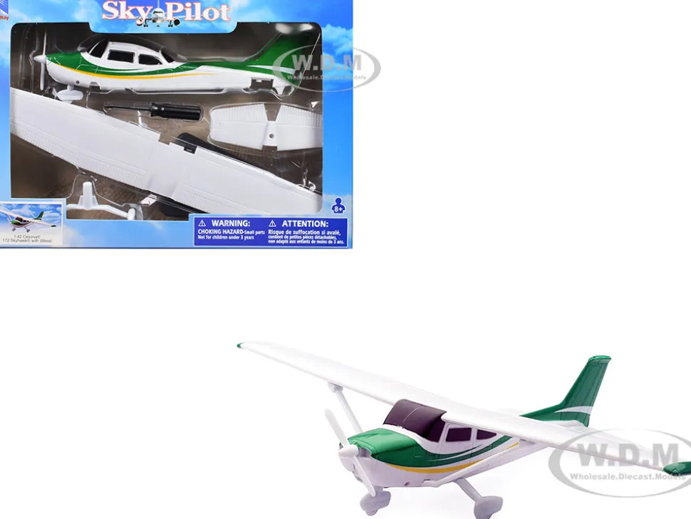 Model Kit Cessna 172 Skyhawk Aircraft White with Green and Yellow Stripes "Sky Pilot" Series 1/42 Plastic Model Kit by New Ray