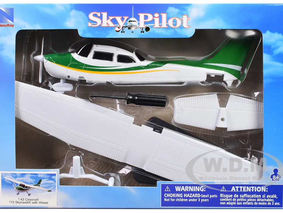 Model Kit Cessna 172 Skyhawk Aircraft White with Green and Yellow Stripes "Sky Pilot" Series 1/42 Plastic Model Kit by New Ray