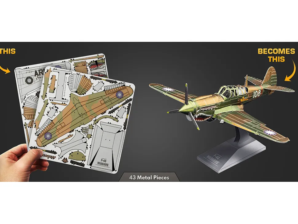 Model Kit Curtiss P-40 Warhawk Fighter-Bomber Aircraft "American Volunteer Group (AVG) Chinese Air Force" (Moderate Difficulty) Steel Model by Metal Earth