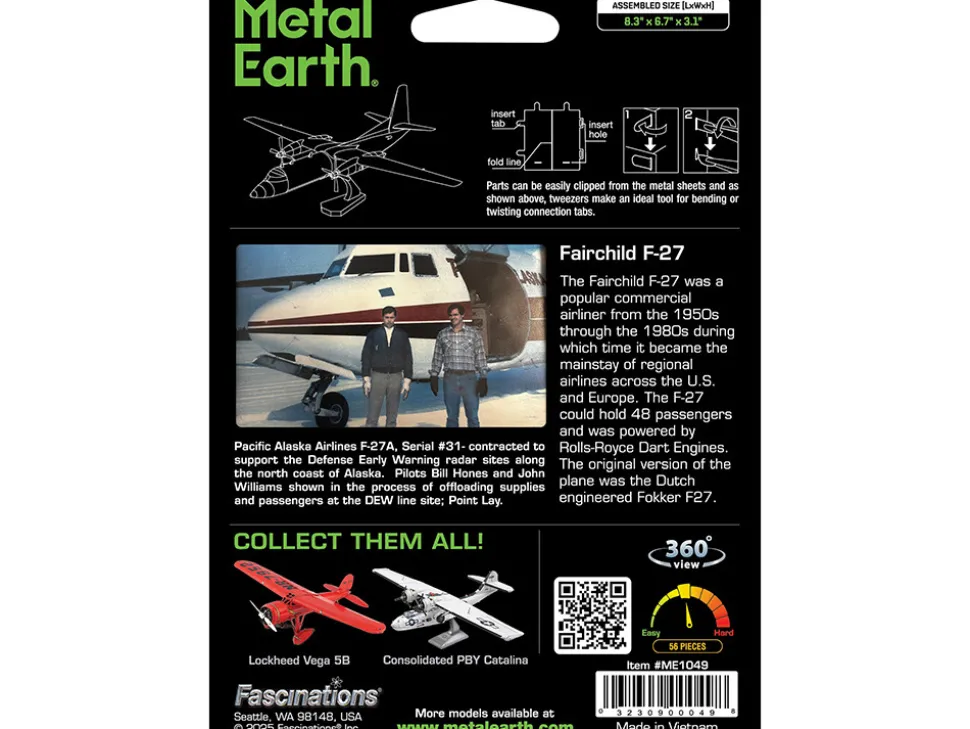 Model Kit Fairchild F-27 Commercial Aircraft "Pacific Alaska" White with Red Stripes (Moderate Difficulty) Steel Model by Metal Earth