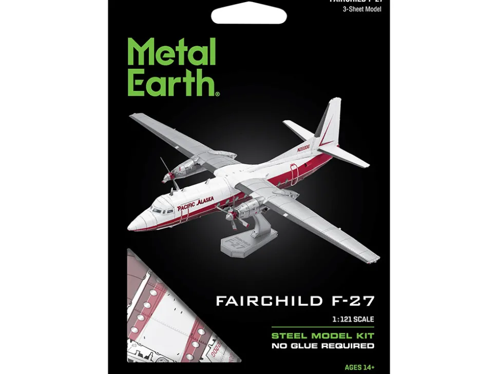 Model Kit Fairchild F-27 Commercial Aircraft "Pacific Alaska" White with Red Stripes (Moderate Difficulty) Steel Model by Metal Earth