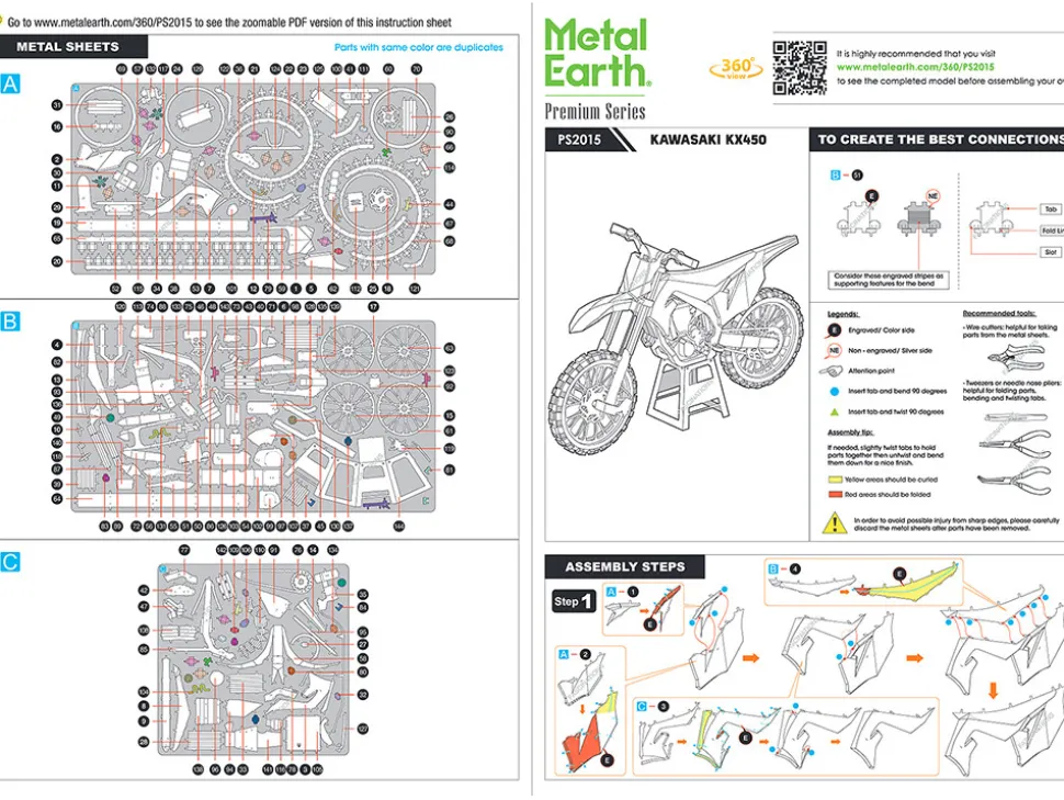 Model Kit Kawasaki KX450 Off-Road Motorcycle Green (Challenging Difficulty) Steel Model by Metal Earth