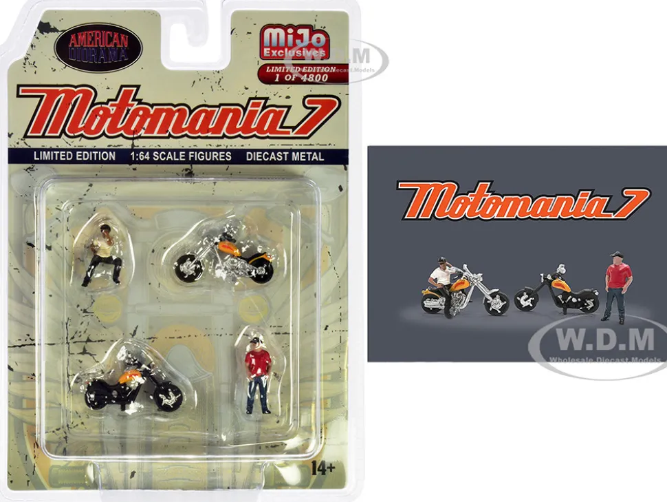 Motomania 7 4 piece Diecast Figure Set 2 Figures 2 Motorcycles Limited Edition to 4800 pieces Worldwide for 1/64 Scale Models American Diorama AD-76520MJ