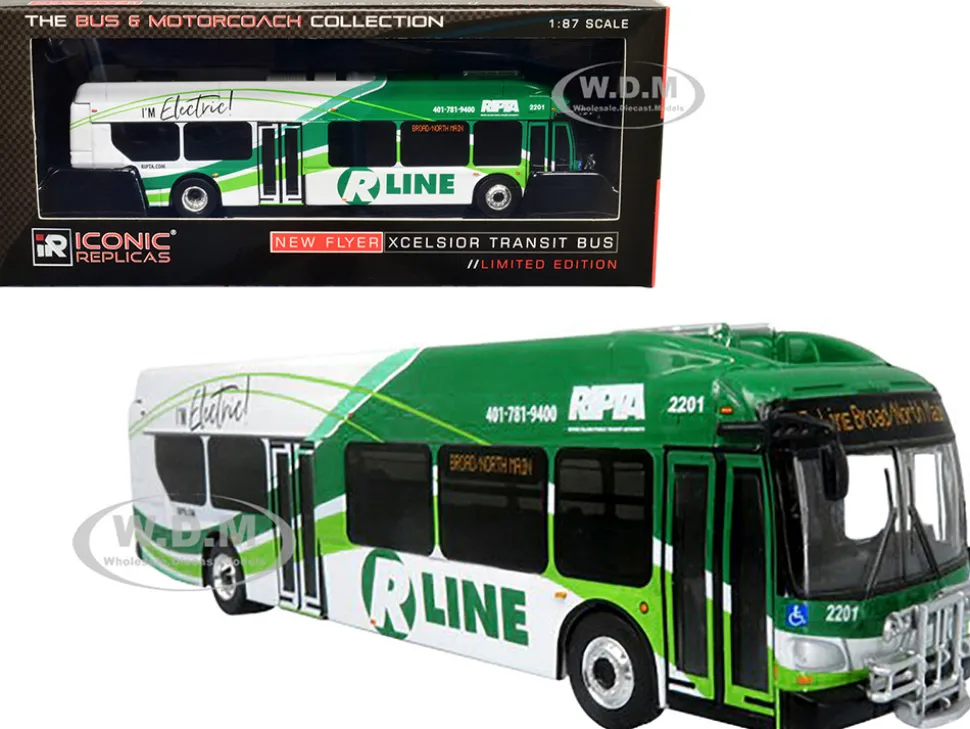 New Flyer Xcelsior Charge NG Electric Transit Bus RIPTA Rhode Island Public Transit Authority R Line Broad North Main The Bus & Motorcoach Collection 1/87 HO Diecast Model Iconic Replicas 87-0432