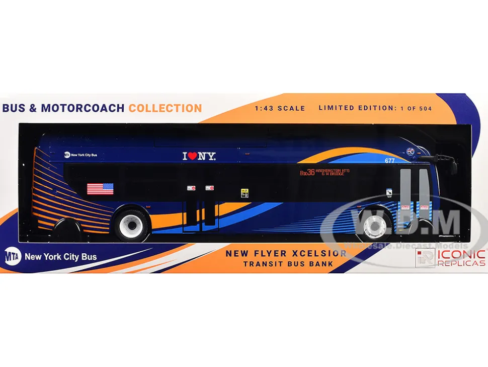 New Flyer Xcelsior Transit Bus Bank "MTA New York City" Blue with Graphics "The Bus & Motorcoach Collection" Limited Edition to 504 Pieces Worldwide 1/43 Model by Iconic Replicas
