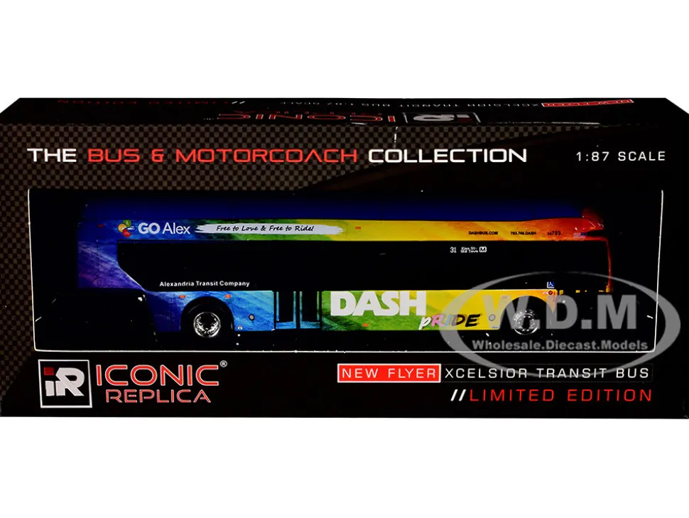 New Flyer Xcelsior XN40 Transit Bus "DASH Pride Livery" Blue with Rainbow Graphics "The Bus & Motorcoach Collection" Limited Edition 1/87 (HO) Diecast Model by Iconic Replicas