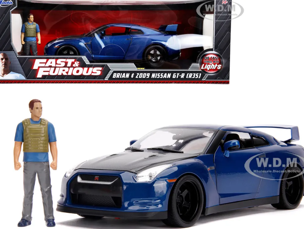 2009 Nissan GT-R R35 Blue Metallic Carbon Lights Brian Figurine Fast & Furious Movie 1/18 Diecast Model Car Jada 31142