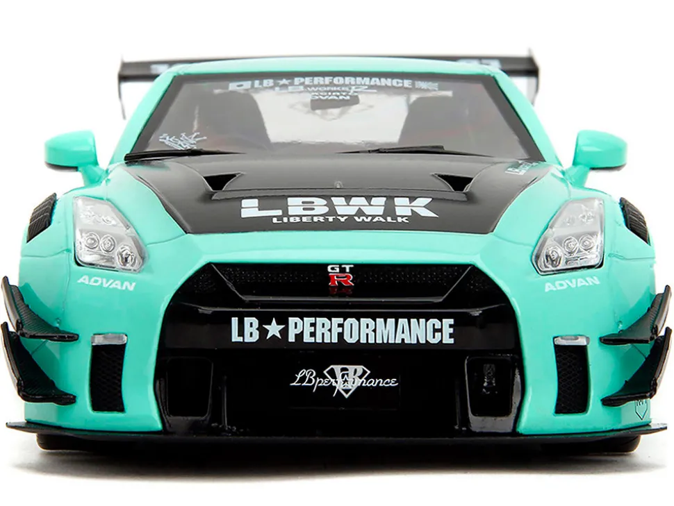 Nissan GT-R (R35) Liberty Walk Body Kit 2.0 RHD (Right Hand Drive) Light Blue with Black Hood and White Stripes "Pink Slips" Series 1/18 Diecast Model Car by Jada