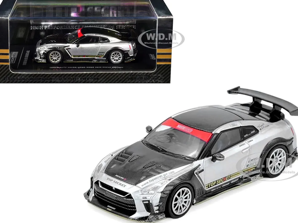 Nissan GT-R (R35) Top Secret RHD (Right Hand Drive) Silver Metallic with Carbon Hood and Top "Tokyo Auto Salon Hong Kong 2025 Event Edition" 1/64 Diecast Model Car by Inno Models
