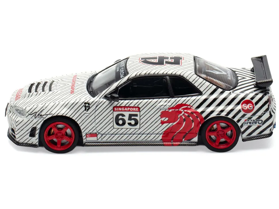Nissan Skyline GT-R (R34) RHD (Right Hand Drive) #65 "Black Crow" White with Black Pinstripes "Singapore Diecast Expo 2025 Event Edition" 1/64 Diecast Model Car by Inno Models