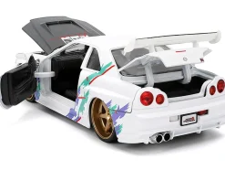 2002 Nissan Skyline GT-R (R34) RHD (Right Hand Drive) "HKS Power" White with Carbon Hood and Graphics "JDM Tuners" Series 1/24 Diecast Model Car by Jada