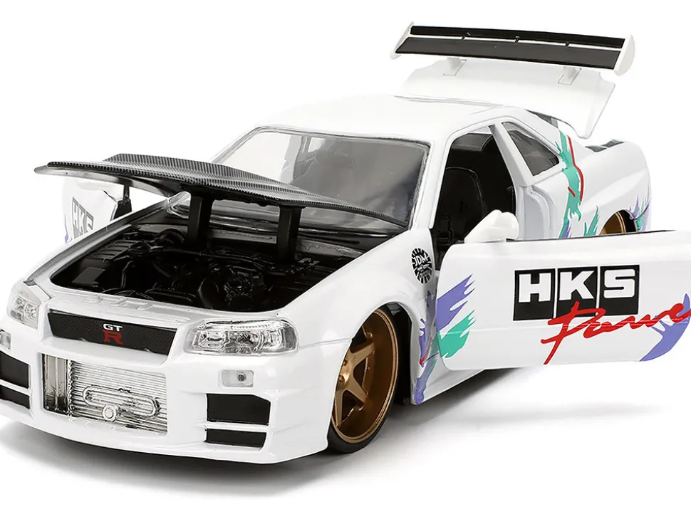2002 Nissan Skyline GT-R (R34) RHD (Right Hand Drive) "HKS Power" White with Carbon Hood and Graphics "JDM Tuners" Series 1/24 Diecast Model Car by Jada