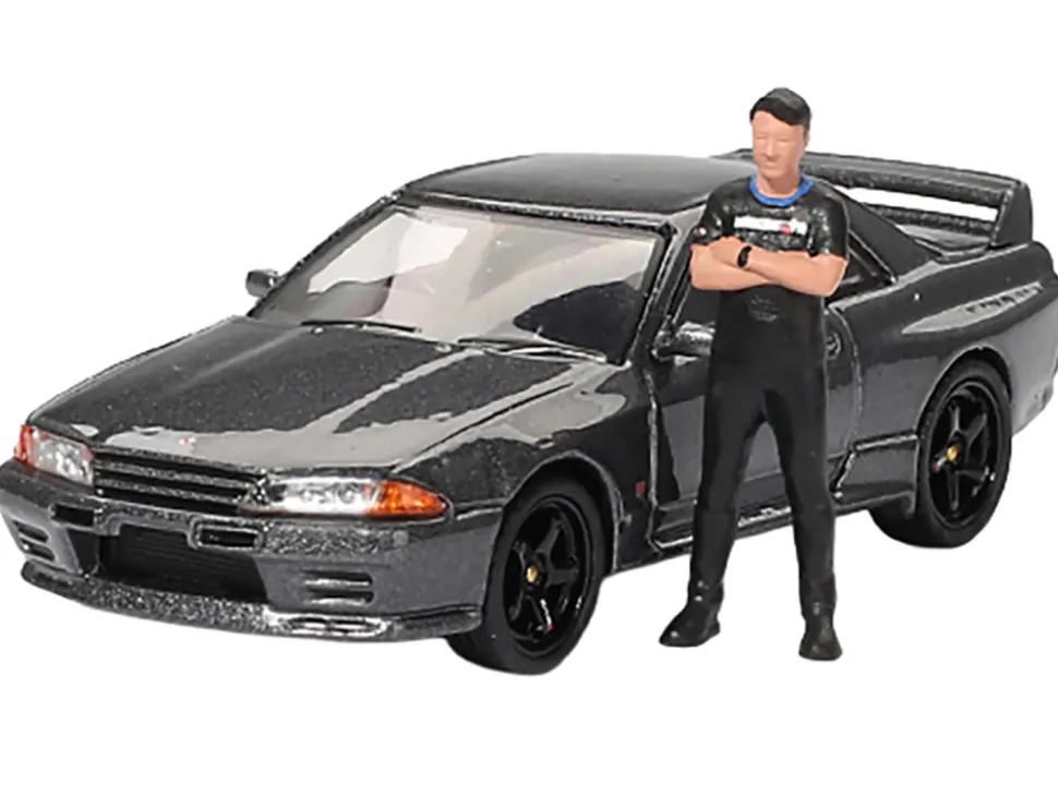 Nissan Skyline GT-R (R32) RHD (Right Hand Drive) Gunmetal Gray Metallic with Tsugio Matsuda Figure Limited Edition 1/64 Diecast Model Car by Mini GT