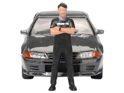 Nissan Skyline GT-R (R32) RHD (Right Hand Drive) Gunmetal Gray Metallic with Tsugio Matsuda Figure Limited Edition 1/64 Diecast Model Car by Mini GT