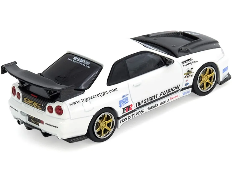 Nissan Skyline GT-R (R34) "Top Secret" RHD (Right Hand Drive) White with Carbon Hood 1/64 Diecast Model Car by Inno Models