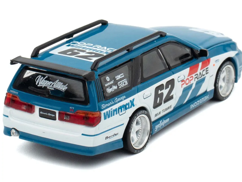 Nissan Stagea RHD (Right Hand Drive) #62 "Simon's Garage" Blue with White Sides 1/64 Diecast Model Car by Pop Race