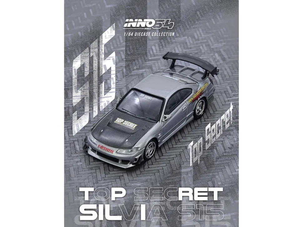 Nissan "Top Secret" Silvia (S15) RHD (Right Hand Drive) Silver Metallic with Carbon Hood 1/64 Diecast Model Car by Inno Models