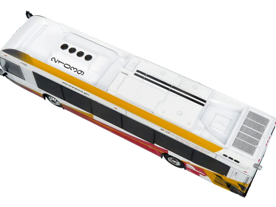Nova Bus LFSH Hybrid Transit Bus "MTA Maryland" White with Red and Yellow Graphics "The Bus & Motorcoach Collection" Limited Edition to 504 pieces Worldwide 1/87 (HO) Diecast Model by Iconic Replicas
