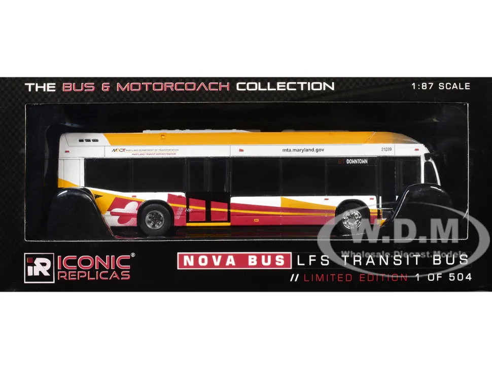 Nova Bus LFSH Hybrid Transit Bus "MTA Maryland" White with Red and Yellow Graphics "The Bus & Motorcoach Collection" Limited Edition to 504 pieces Worldwide 1/87 (HO) Diecast Model by Iconic Replicas