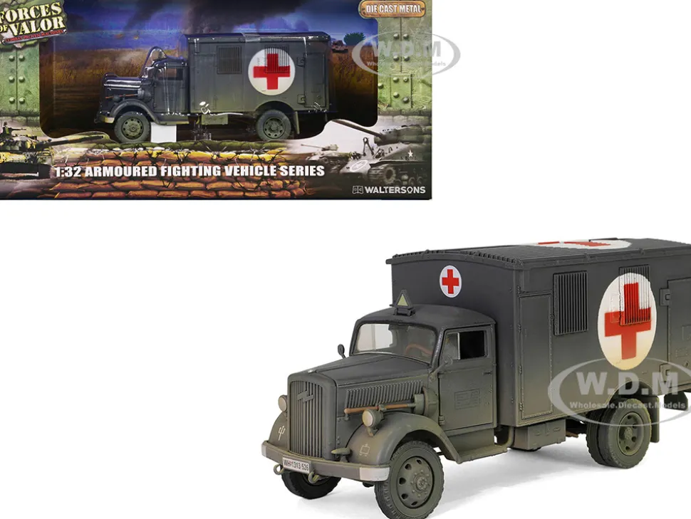 Opel Blitz Kfz 305 Ambulance Gray Weathered German Army Armoured Fighting Vehicle Series 1/32 Diecast Model Forces of Valor FOV-801101B