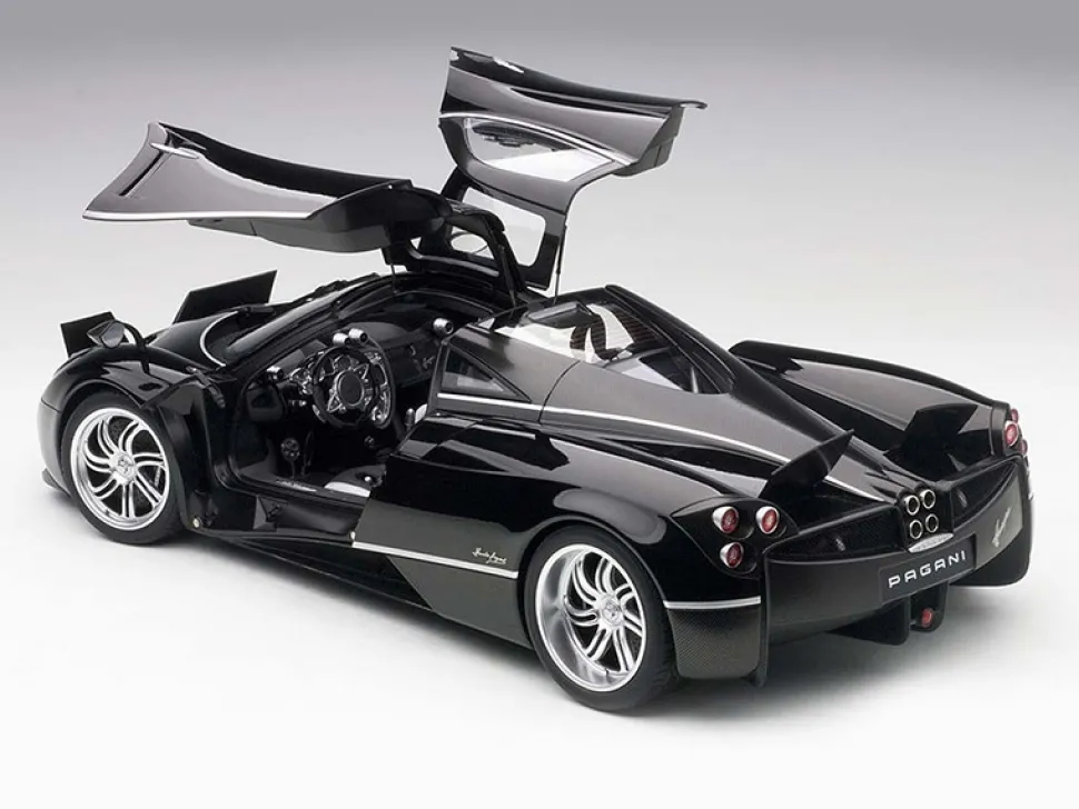 Pagani Huayra Gloss Black with Silver Stripes and Silver Wheels 1/12 Model Car Autoart 12233