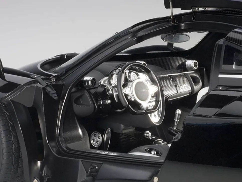 Pagani Huayra Gloss Black with Silver Stripes and Silver Wheels 1/12 Model Car Autoart 12233