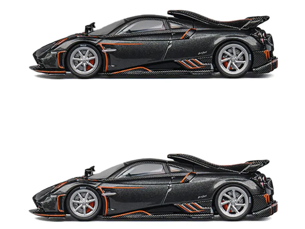 Pagani Imola Dark Gray Metallic with Carbon and Orange Accents with Extra Wheels 1/64 Diecast Model Car by CM Model