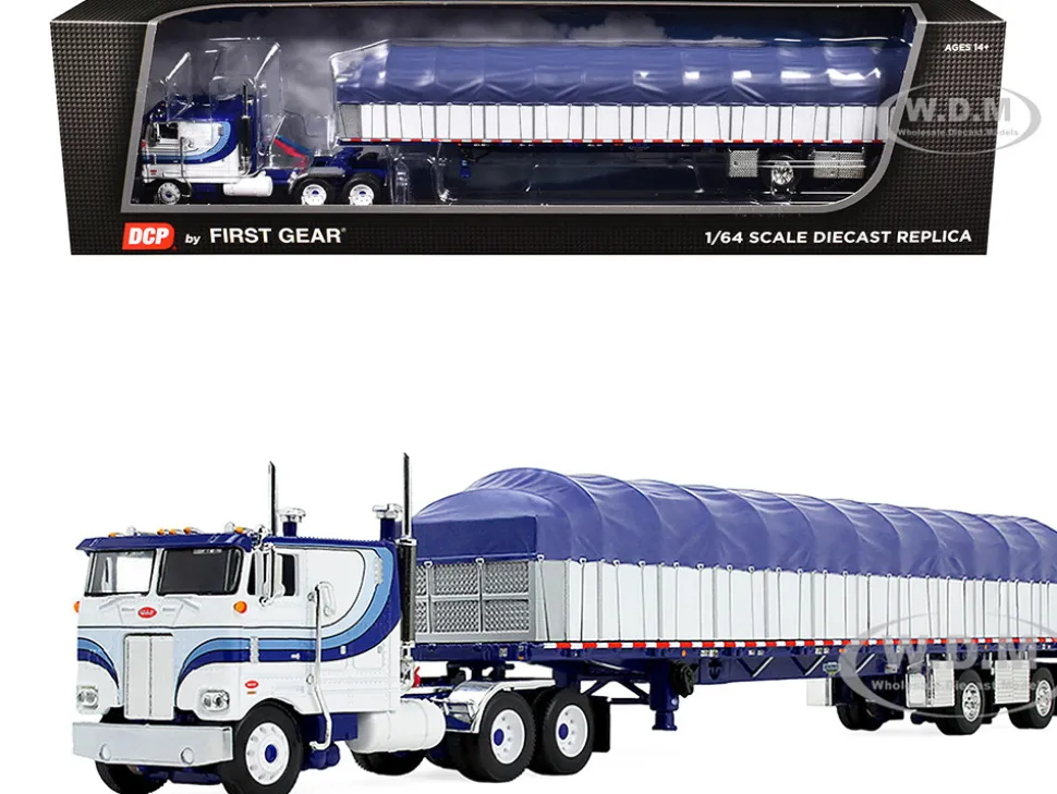 Peterbilt 352 COE 110" Sleeper and 53’ Wilson Roadbrute Flatbed Trailer with Covered Wagon White with Blue Stripes 1/64 Diecast Model by DCP/First Gear