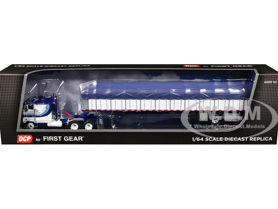 Peterbilt 352 COE 110" Sleeper and 53’ Wilson Roadbrute Flatbed Trailer with Covered Wagon White with Blue Stripes 1/64 Diecast Model by DCP/First Gear