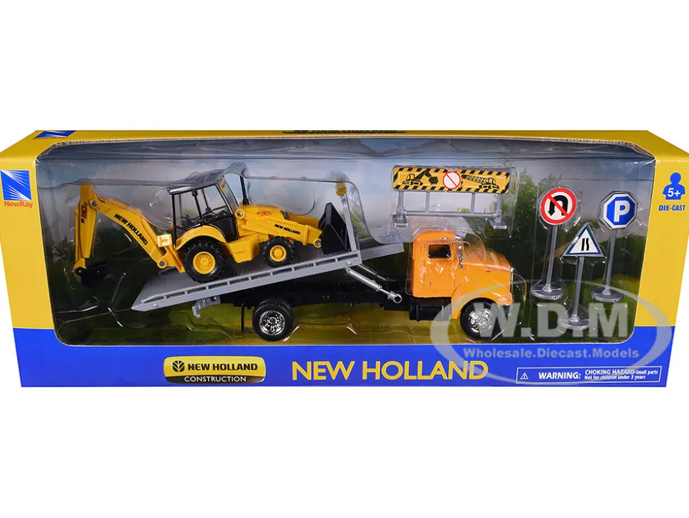 Peterbilt 335 Roll-Off Flatbed Truck and New Holland B110C Backhoe Loader with Street Signs "New Holland Construction" Diecast Models by New Ray