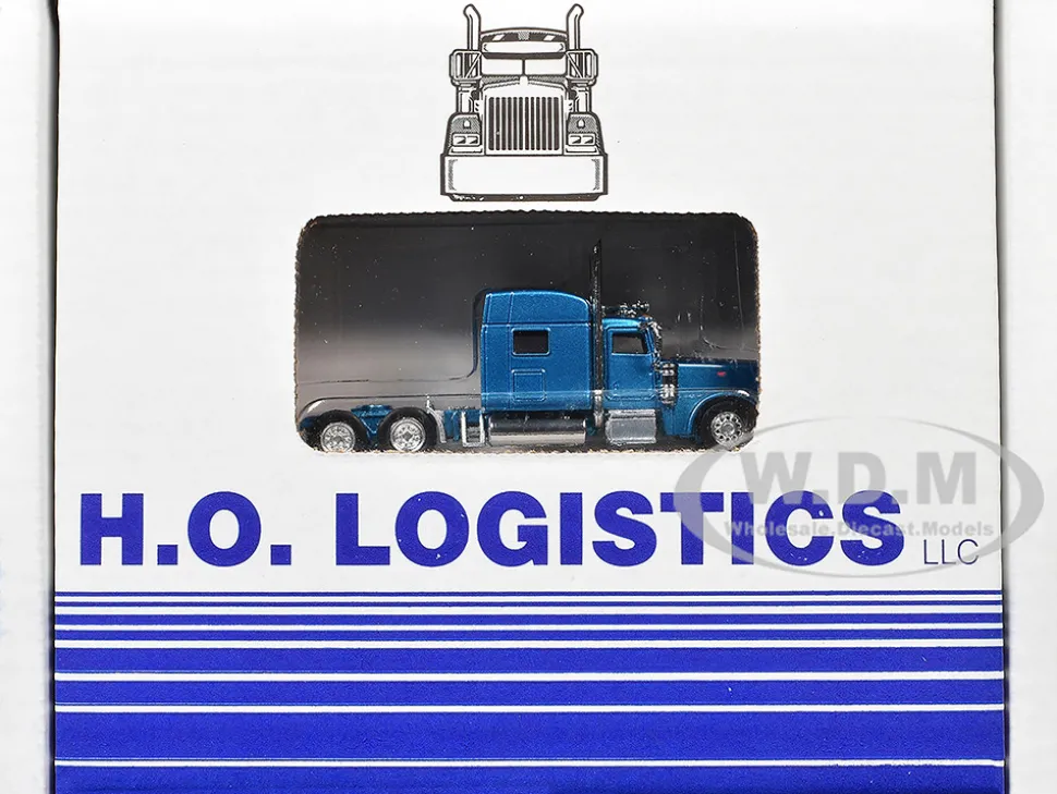 Peterbilt 389 Truck Tractor with Sleeper Cab Blue Metallic and Pneumatic Tank Trailer Chrome Combo Set 1/87 (HO) Plastic Model Car by HO Logistics