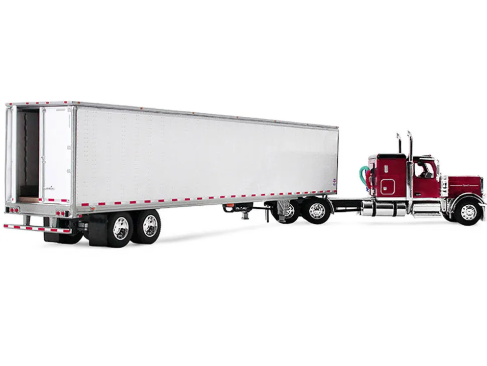 Peterbilt 589 with 58" Flat Top Sleeper and 53' Utility Trailer Legendary Red with Black Top 1/64 Diecast Model by DCP/First Gear